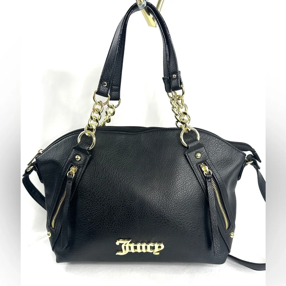 Juicy Couture Black Faux Leather Medium Shoulder Bag Goldtone Chain Strap - Picture 4 of 12